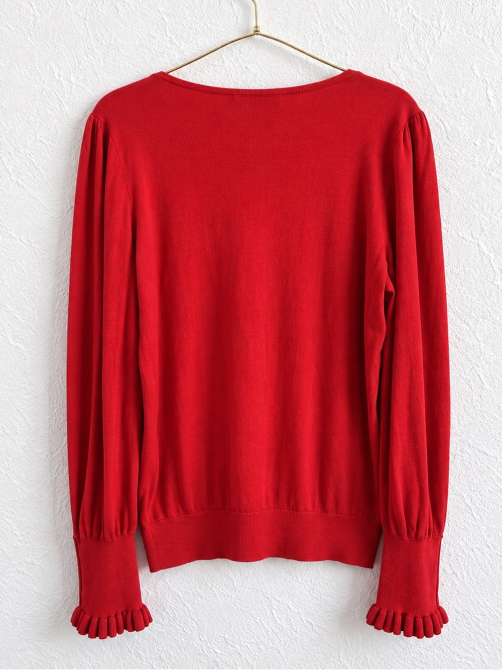 Lauren Ralph Lauren Red V Neck Sweater Gold Button Ruffle Cuff Large - Picture 3 of 7
